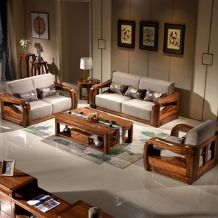 现代中式纯乌金木沙发全实木123组合三人位布艺沙发客厅家具真皮