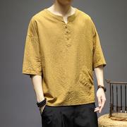 风棉麻短袖T恤男宽松中式条纹上衣夏季民族居士茶禅汉服唐装