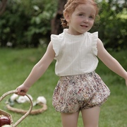女童夏季套装2023复古女宝宝，花苞裤碎花短裤洋气短袖两件套潮