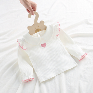 婴儿春秋装打底衫0-3岁女宝宝，长袖白色t恤女童娃娃领绣花上衣洋气