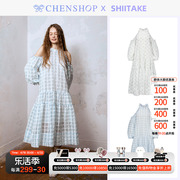 shiitake时尚甜美露肩长袖，挂脖长款宽松连衣裙，chenshop设计师品牌