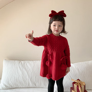 1女童圣诞红色毛衣洋气3岁宝宝甜美连衣裙新年喜庆儿童套头针织衫
