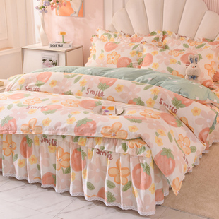全棉床裙四件套花边草莓花卉简约风单双人床套1.8m纯棉床罩款套件