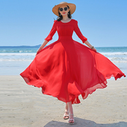 2024连衣裙夏天红色雪纺，气质收腰显瘦高端大摆沙滩裙海边度假