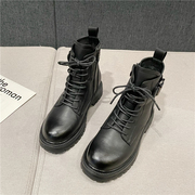2022黑色马丁靴韩版皮带扣系带拉链圆头中跟短靴女靴子机车靴
