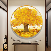 黄金满地发财树圆形装饰画玄关过道，餐厅摇钱树晶瓷画现代客厅挂画