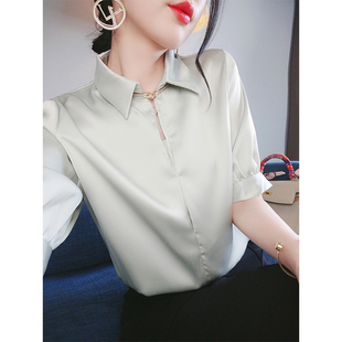 缎面翻领衬衫女夏季设计感法式小众时尚，气质显瘦通勤ol风职业衬衫