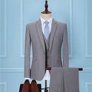 浅灰色男士西服套装韩版修身三件套商务休闲职业，正装新郎结婚礼服