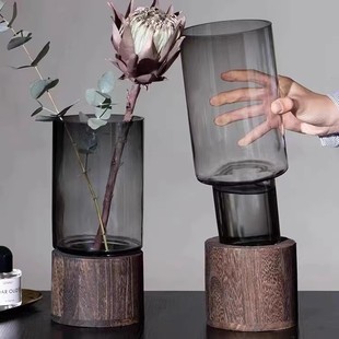 ins轻奢北欧透明玻璃花瓶木托创意水养鲜花玫瑰插花餐桌装饰摆件