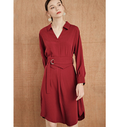 一条让你美到春季的！衬衫裙红色连衣裙2023年收腰显瘦气质