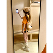 日系少女甜酷小熊橙色纯棉t恤套装2024夏季宽松短袖百叶裙两件套