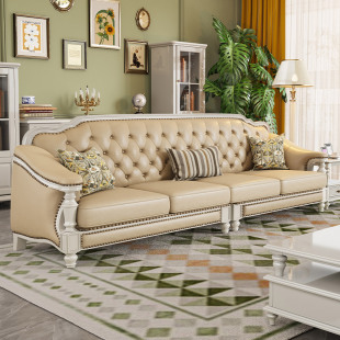 美式白色实木真皮沙发，头层牛皮123组合简美客厅别墅家具三人位