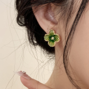 甜美绿色水晶花朵耳钉银针小众蓝色水钻耳环耳饰925纯银渐变色