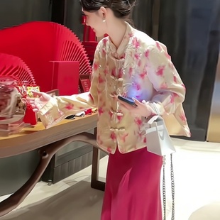 新中式国风时尚套装女春季2024高端精致盘扣上衣玫红裙两件套