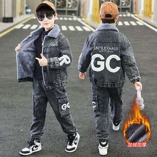 韩系童装男童冬装套装秋冬中大儿童加绒加厚牛仔两件套2023时