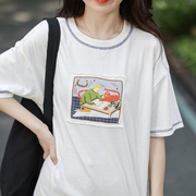 艺野系 卡通涂鸦贴布明线短袖t恤女小个子2022夏季设计感白色上衣