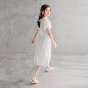 2023女童公主裙夏季儿童，韩版洋气一字，领蕾丝连衣裙珍珠蕾丝裙