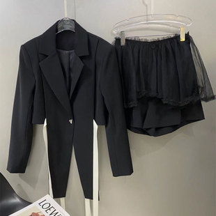 特NKC2023小众设计黑色翻领短款西装外套高腰时尚裙套装
