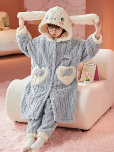 女童睡衣冬季加厚款保暖加长法兰绒，睡袍女孩珊瑚绒套装儿童家居服