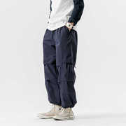 聚酯纤维男裤山系机能抽绳大口袋藏蓝色，工装裤宽松长裤潮流休闲裤