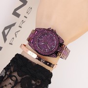  女紫色潮流满镶钻钢带个性手表时尚石英玫瑰黄金色国产腕表