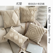 米白色簇绒抱枕套摩洛哥靠垫ins民族，复古流苏沙发床靠枕办公腰枕
