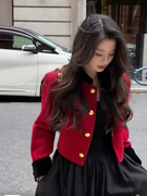 韩版大码女装红色小香风千金短外套秋冬款高级感内搭长袖连衣裙