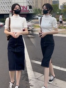 半高领针织衫女泡泡，袖针织上衣春季2024韩版气质半身裙两件套