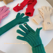 秋冬款毛线手套简约ins保暖加长款针织分，指手套漏手指可触屏手套