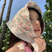 法式粉色玫瑰蕾丝三角巾头巾女包头绑发复古田园风夏季海边氛围感