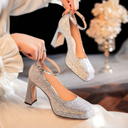 银色婚鞋新娘鞋方头粗跟一字扣高跟鞋，女气质公主订婚玛丽珍水晶鞋
