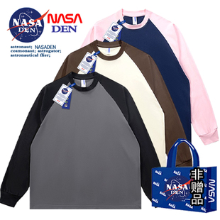 NASA联名春秋季纯棉插肩长袖t恤男女款美式内搭撞色拼接上衣服衫