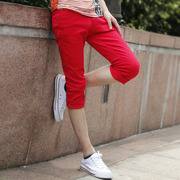 夏季薄款韩版修身大红色休闲七分裤子男，潮流百搭青少年学生中裤
