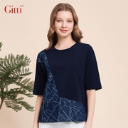 Gitti/吉蒂夏款几何印花拼接短袖女宽松大码圆领棉T恤G241115