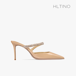 hltino2024夏季一字带，女式水钻高跟鞋细跟祼色包头凉拖鞋外穿
