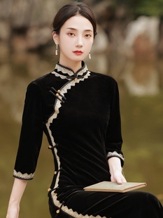 金丝绒旗袍秋冬弹力黑色简约新中式秋款礼服日常可穿2024年妈