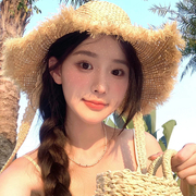 蕾丝编织平顶草帽子女士，夏季日系毛边，防晒海边沙滩花边太阳遮阳帽