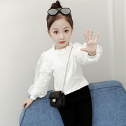 女童长袖t恤春装2024韩版纯棉，白色中大童，洋气加绒蕾丝打底衫