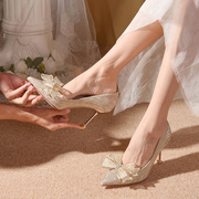 水晶婚鞋冬季女秀禾主婚纱两穿2024年法式新娘鞋高跟鞋不累脚