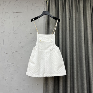 白色连体短裙女秋装2023韩版时尚大口袋A字型牛仔背带裙子潮