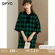 dfvc冬季复古绿色菱格针织连衣裙女2022年中长款五分袖衬衫裙