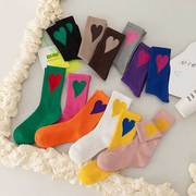 爱心长袜子女春季ins潮纯棉糖果，色中筒袜日系韩国甜美可爱堆堆袜