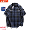 NASA联名美式复古格子衬衫男夏季潮牌五分袖衬衣慵懒风bf宽松外套