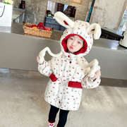 兔耳女童棉服冬装2023儿童洋气羽绒棉袄冬季加厚宝宝棉衣外套