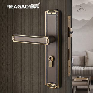 睿高新中式黄铜门锁，室内静音别墅双开木门把手，卧室房门锁具全铜