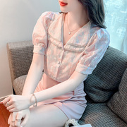 夏季刺绣袖蕾丝雪纺上衣女设计感小众衬衫