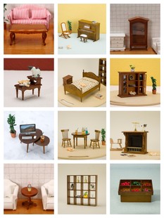 ob11娃娃屋仿古复古红木色中式迷你微缩家具模型床柜子桌子场景