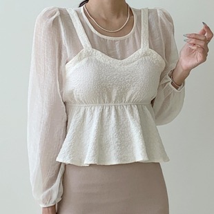 韩国chic夏季减龄复古气质，蕾丝假两件吊带，长袖衬衫洋气雪纺上衣女