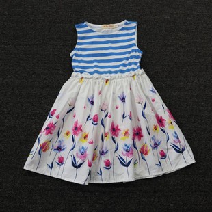 女童3-8岁中小童纯棉，条纹背心连衣裙夏季女孩，时尚花朵裙子