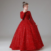 定制儿童晚礼服红色，高端公主裙长袖生日女童，小主持人钢琴演出服装